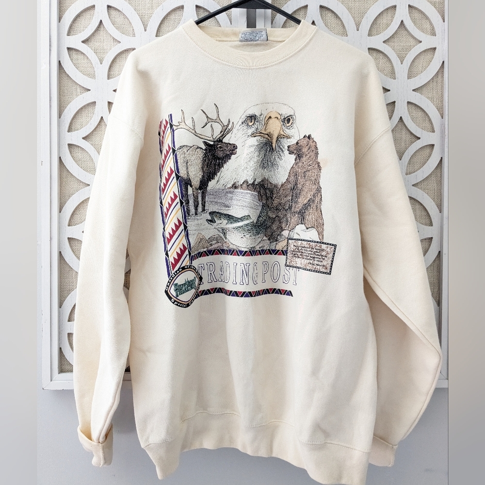 Vintage 90's Bald Eagle Wildlife Sweatshirt Cream Field Master‎ Size L